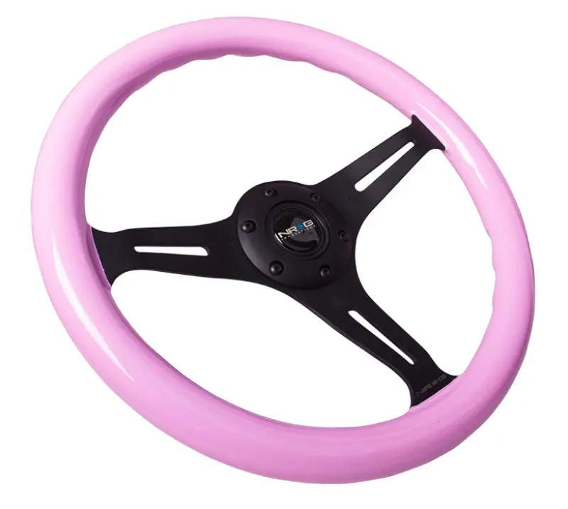 NRG Classic Wood Grain Steering Wheel (350mm) Solid Pink Painted Grip w Black 3 Spoke Center