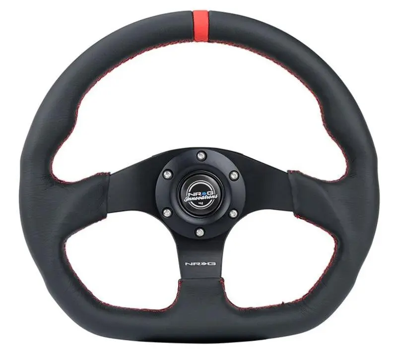 NRG Reinforced Steering Wheel (320mm) Sport Leather Flat Bottom w Red Center Mark Red Stitching