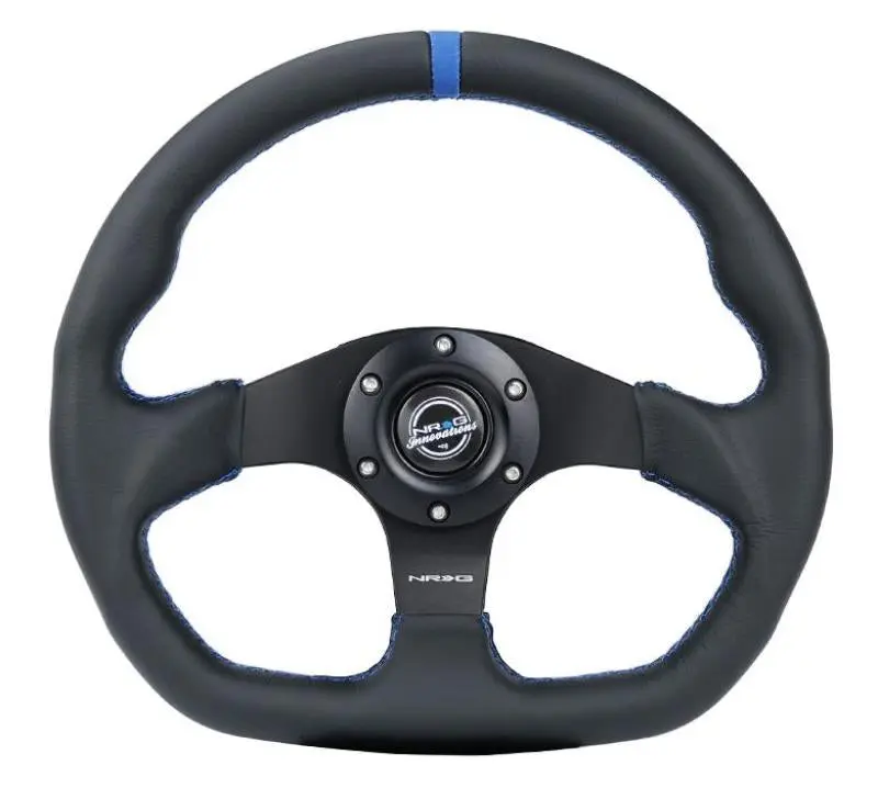 NRG Reinforced Steering Wheel (320mm) Sport Leather Flat Bottom w Blue Center Blue Stitching