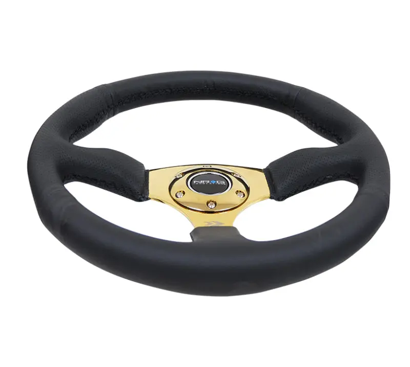 NRG Reinforced Steering Wheel (350mm 2.5in. Deep) Leather Race Comfort Grip w 4mm Gold Spokes