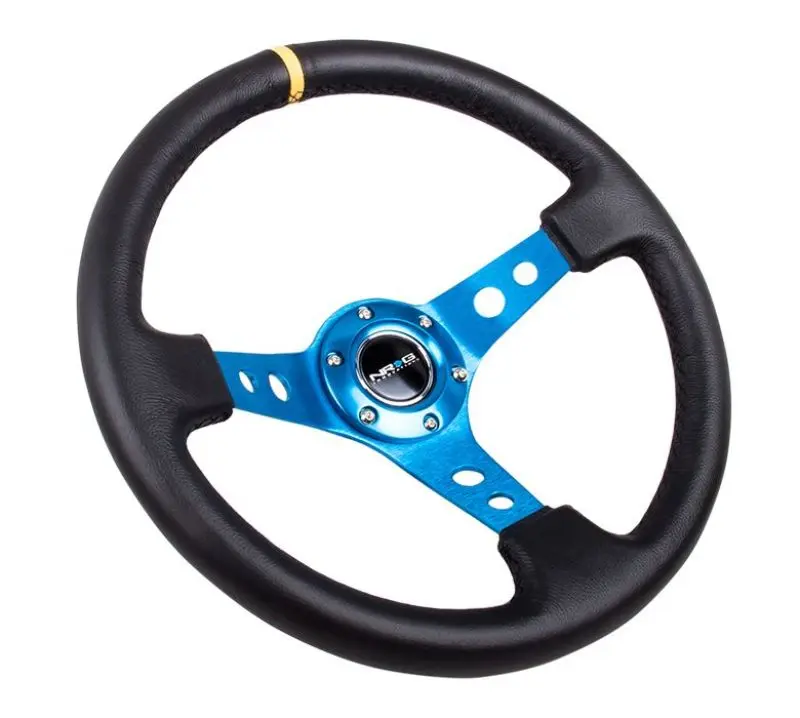 NRG Reinforced Steering Wheel (350mm 3in. Deep) Blk Leather w Blue Cutout Spoke & Single Yellow CM