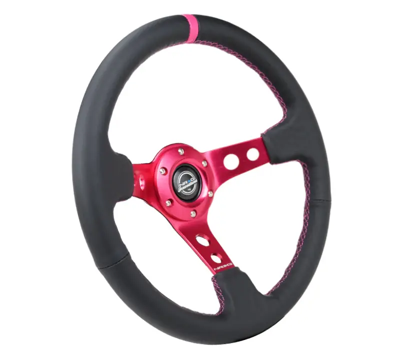 NRG Reinforced Steering Wheel (350mm 3in. Deep) Black Leather Fushia Center Mark Fushia Stitching
