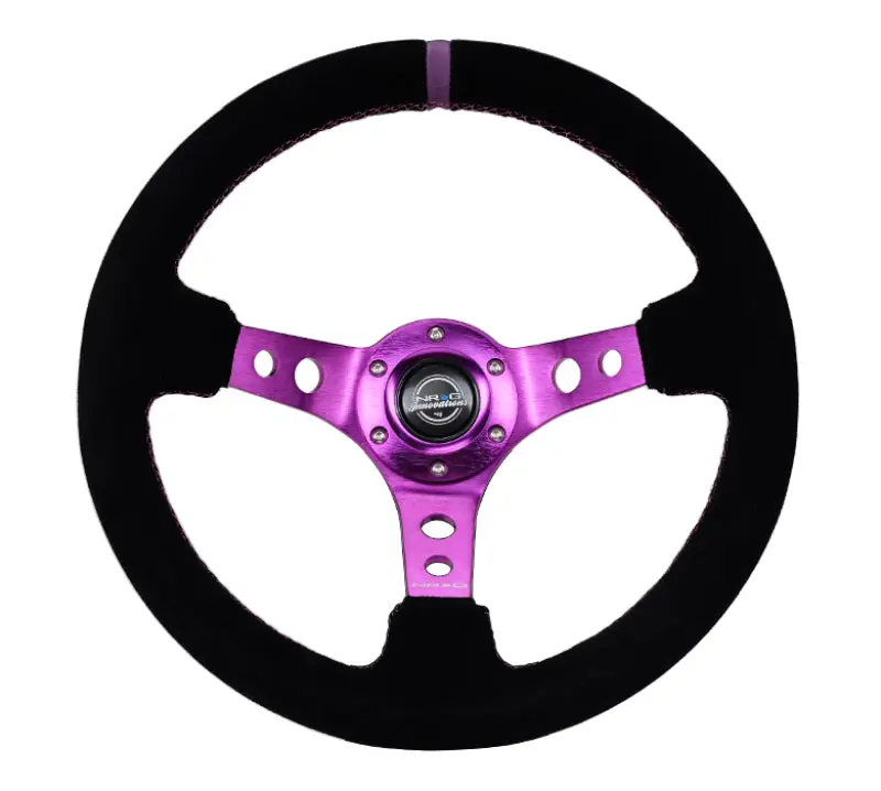 NRG Reinforced Steering Wheel (350mm 3in. Deep) Black Suede w Purple Center & Purple Stitching