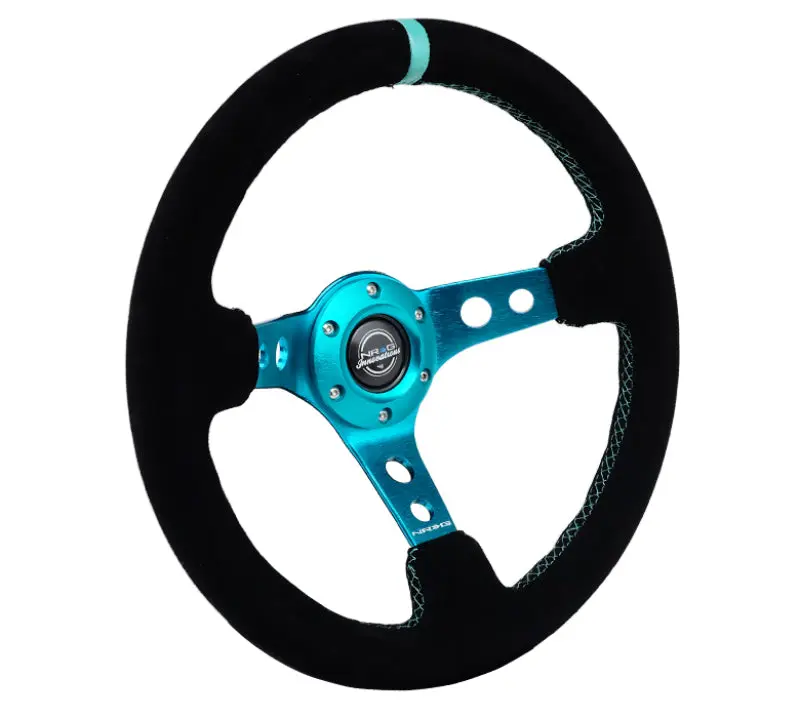 NRG Reinforced Steering Wheel (350mm 3in. Deep) Black Suede Teal Center Mark Teal Stitching
