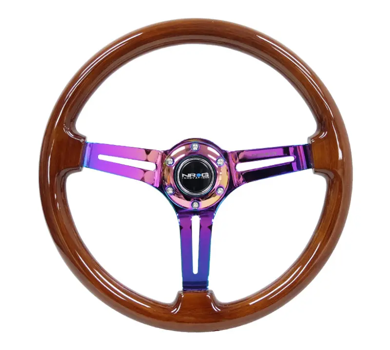 NRG Reinforced Steering Wheel (350mm 3in. Deep) Brown Wood w Blk Matte Spoke Neochrome Center Mark