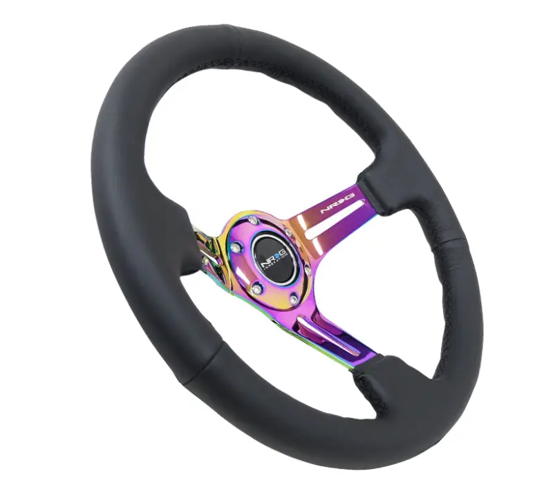 NRG Reinforced Steering Wheel (350mm 3in. Deep) Blk Leather Blk Stitch w Neochrome Slits