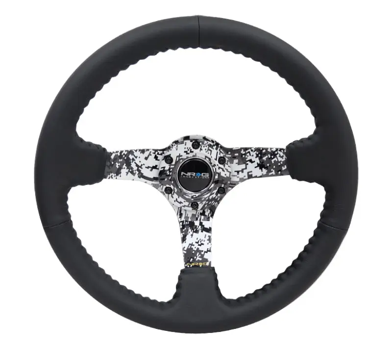 NRG Reinforced Steering Wheel (350mm 3in. Deep) Blk Leather w Hydrodipped Digi Camo Spokes
