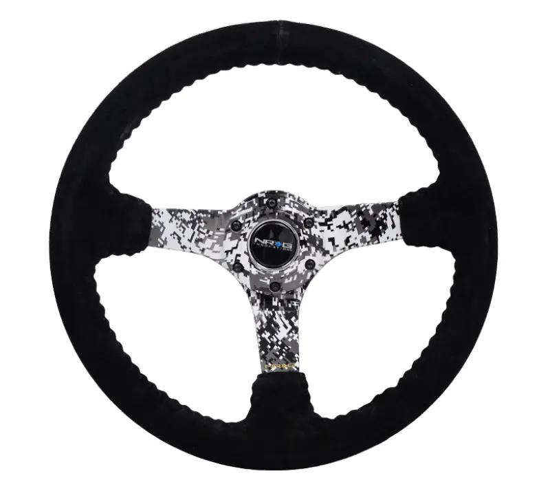 NRG Reinforced Steering Wheel (350mm 3in. Deep) Blk Suede w Hydrodipped Digi Camo Spokes