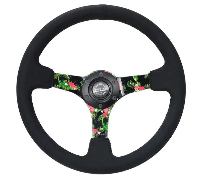 NRG Reinforced Steering Wheel (350mm 3in. Deep) Black Suede w 5mm Floral 3 Spoke Center