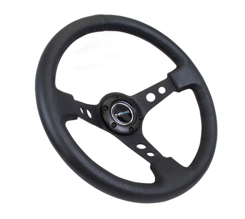 NRG Reinforced Steering Wheel (350mm 3in. Deep) Blk Leather w Blk Spoke & Circle Cutouts