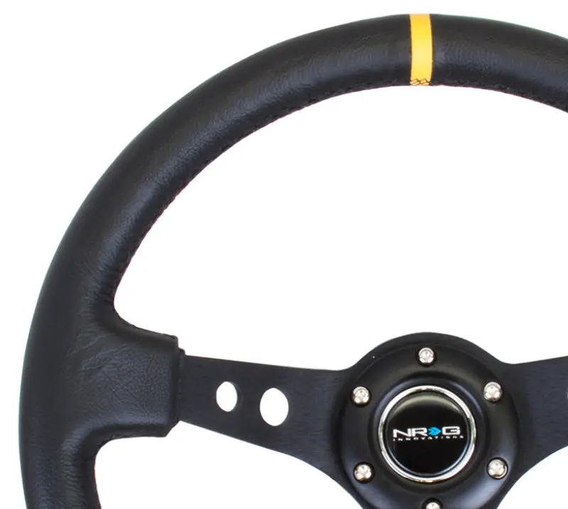 NRG Reinforced Steering Wheel (350mm 3in. Deep) Blk Leather w Blk Cutout Spoke Yellow Center Mark