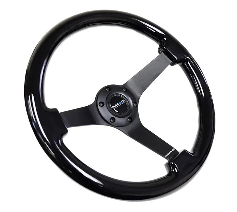 NRG Reinforced Steering Wheel (350mm 3in. Deep) Black w Black Chrome Solid 3 Spoke Center