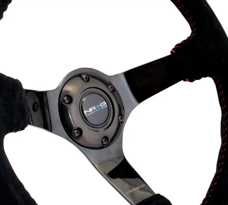 NRG Reinforced Steering Wheel (350mm 3in. Deep) Blk Suede w Red BBall Stitch & Black 3 Spoke