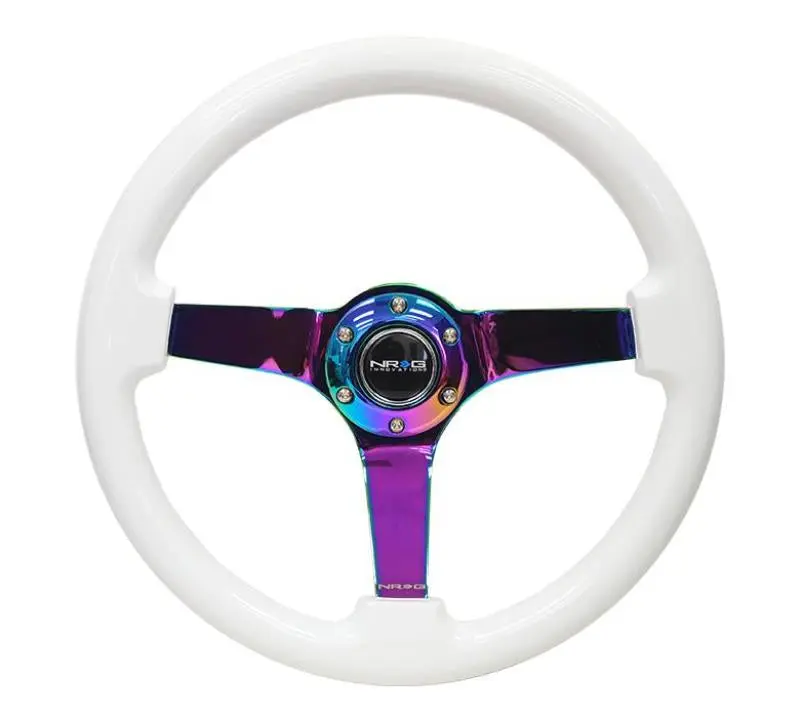 NRG Reinforced Steering Wheel (350mm 3in. Deep) Classic White w 4mm Neochrome Solid 3 Spoke
