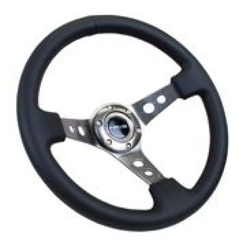 NRG Reinforced Steering Wheel (350mm 3in. Deep) Blk Leather w Gunmetal Circle Cutout Spokes