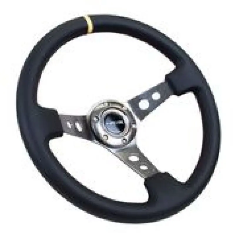 NRG Reinforced Steering Wheel (350mm 3in. Deep) Blk Leather w Gunmetal Cutout Spoke & Yellow CM
