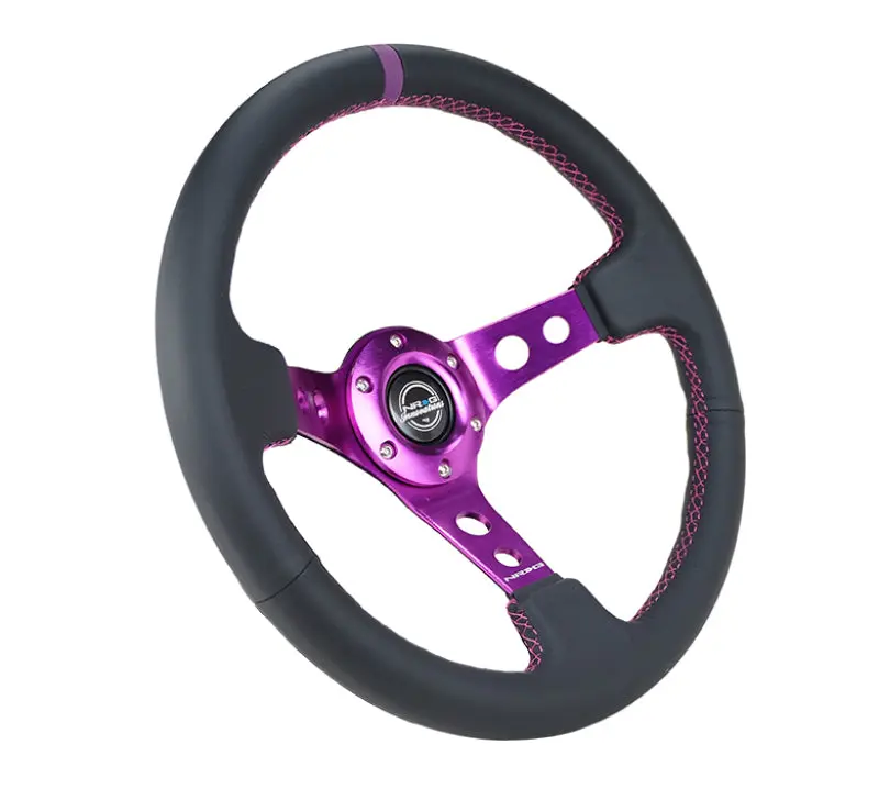 NRG Reinforced Steering Wheel (350mm 3in. Deep) Black Leather w Purple Center & Purple Stitching