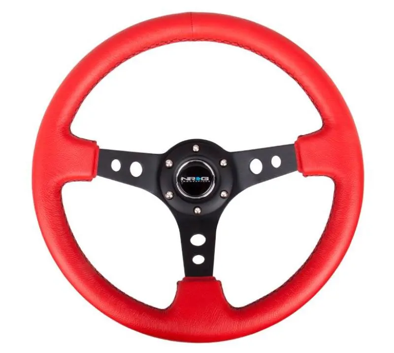 NRG Reinforced Steering Wheel (350mm 3in. Deep) Red Leather Blk Stitch w Blk Spokes (Hole Cutouts)