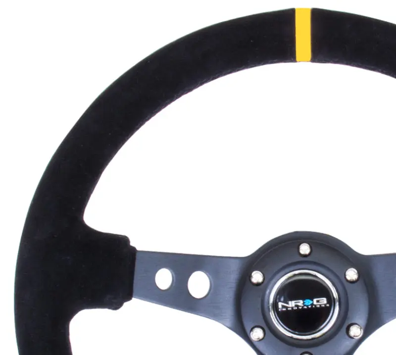 NRG Reinforced Steering Wheel (350mm 3in. Deep) Blk Suede w Circle Cut Spokes & Single Yellow CM