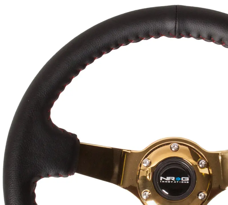NRG Reinforced Steering Wheel (350mm 3in. Deep) Blk Leather Red BBall Stitch w 4mm Gold Spokes
