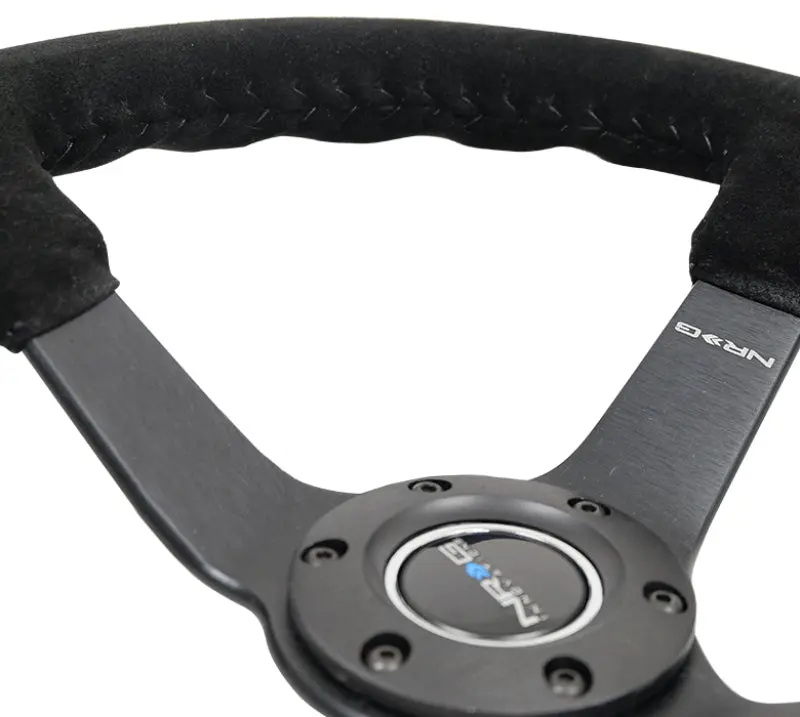 NRG Reinforced Steering Wheel (350mm 3in. Deep) Blk Suede Blk Bball Stitch w 5mm Matte Black Spoke