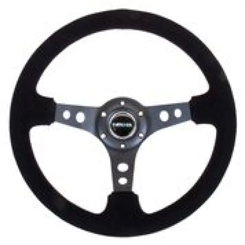 NRG Reinforced Steering Wheel (350mm 3in. Deep) Blk Suede Blk Stitch w Black Circle Cutout Spokes
