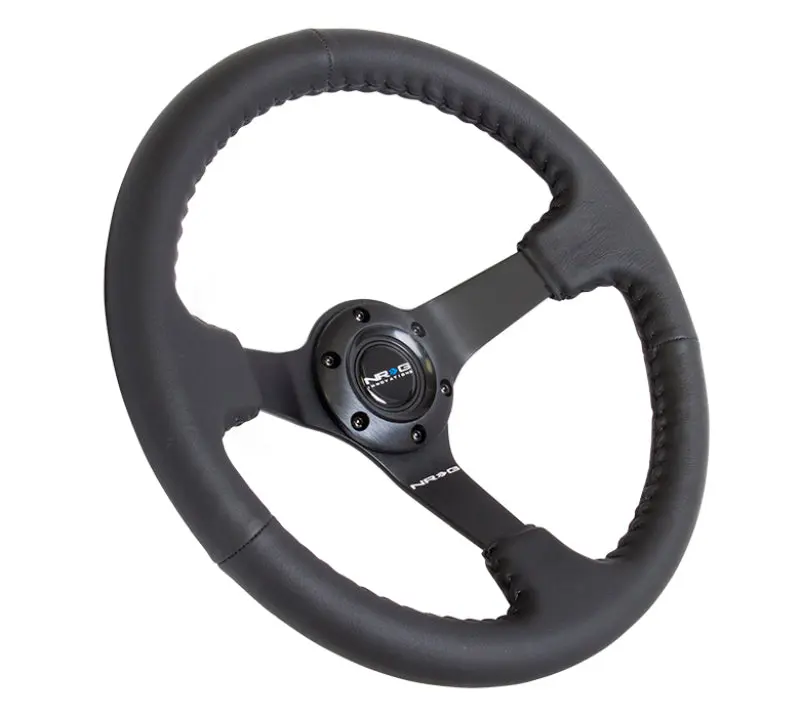 NRG Reinforced Steering Wheel (350mm 3in. Deep) Bk Leather w Bk BBall Stitch (Odi Bakchis Edition)