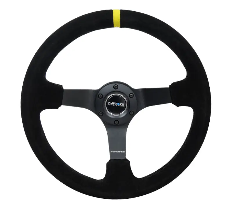 NRG Reinforced Steering Wheel (350mm 3in. Deep) Blk Suede X Stitch w 5mm Blk Spoke & Yellow CM