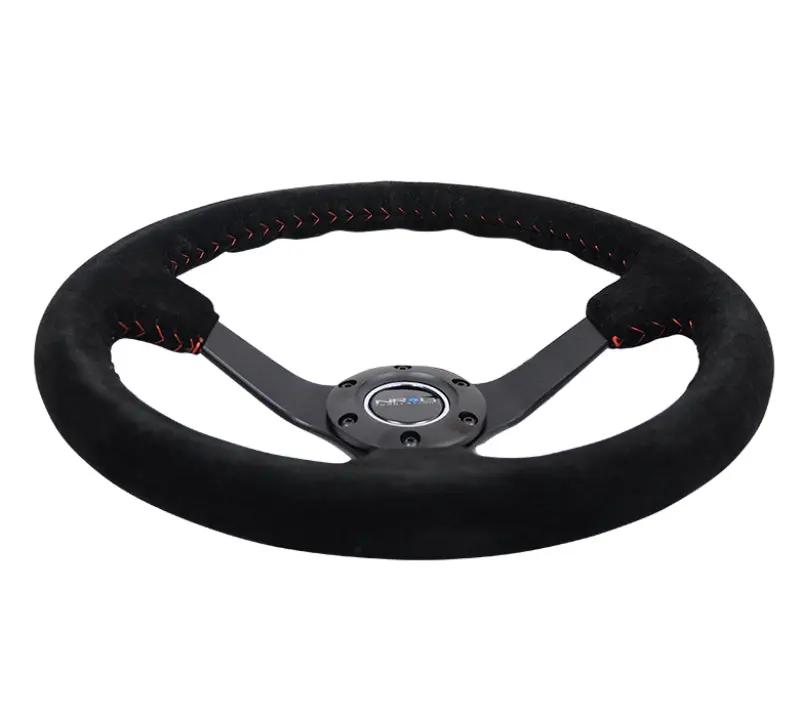 NRG Reinforced Steering Wheel (350mm 3in. Deep) Blk Suede Red BBall Stitch w 5mm Matte Blk Spokes