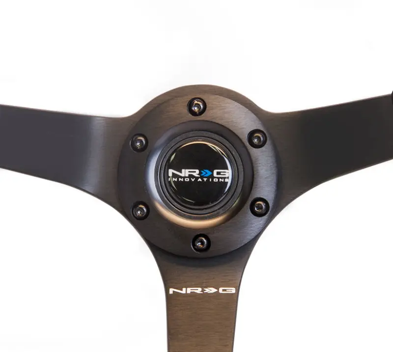 NRG Reinforced Steering Wheel (350mm 3in. Deep) Blk Suede w Blk BBall Stitch (Odi Bakchis Edition)
