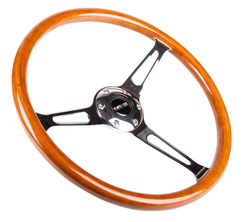 NRG Reinforced Steering Wheel (360mm) Classic Wood Grain w Chrome Cutout 3 Spoke Center