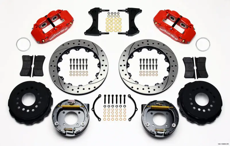 Wilwood Narrow Superlite 4R Rear P-Brk Kit 12.88in Drilled Red Chevy 12 Bolt w/ C-Clips Staggered Mount