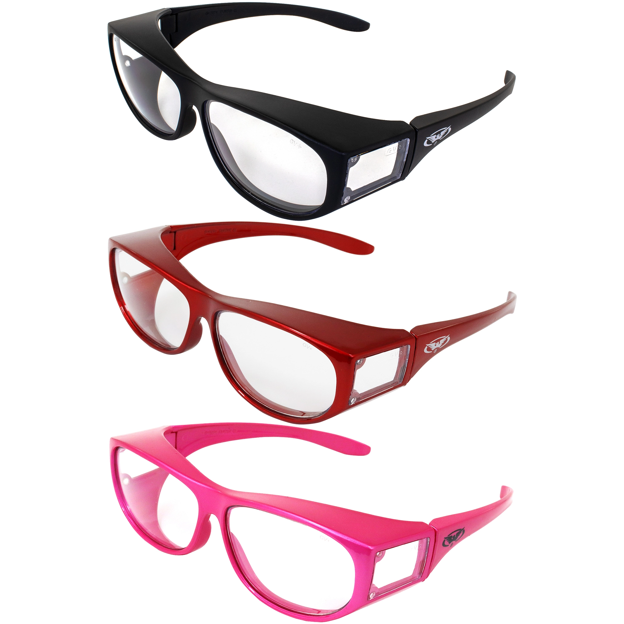 3 Pairs Global Vision Motorcycle Safety Glasses Men or Women Fitover ANSI Z87.1 Black Red & Pink Frames w/ Clear Lenses