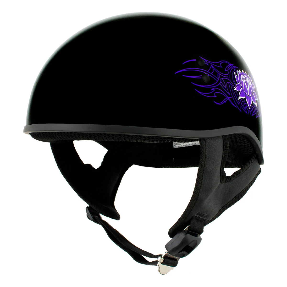 Hot Leathers HLD1005 Lady Lotus Gloss Black Motorcycle DOT Approved Skull Cap Half Helmet Men and Women Biker Xs