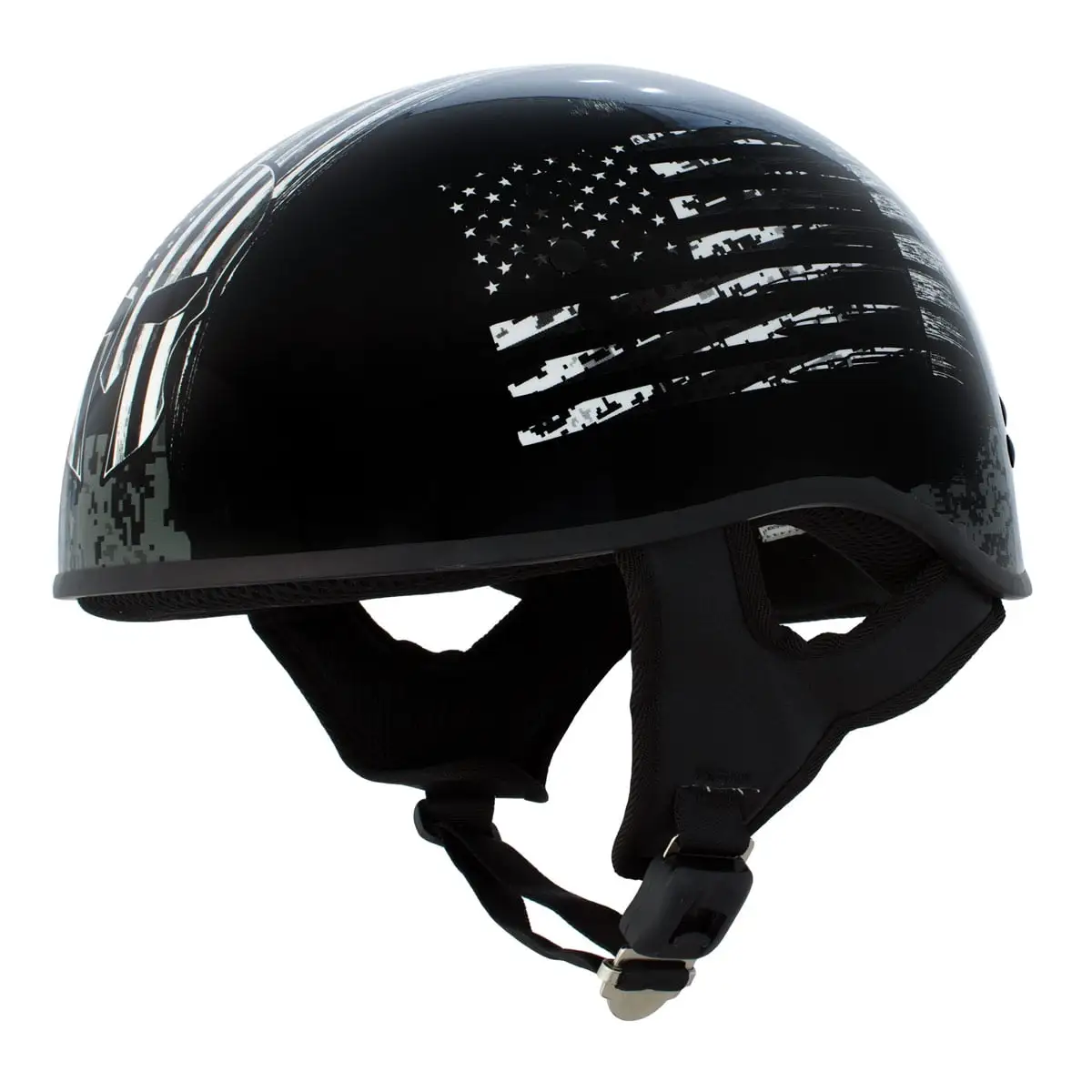 Hot Leathers HLD1043 Gloss Black 'Black and White Warrior Bullet' Advanced DOT Skull Half Helmet Men and Women S