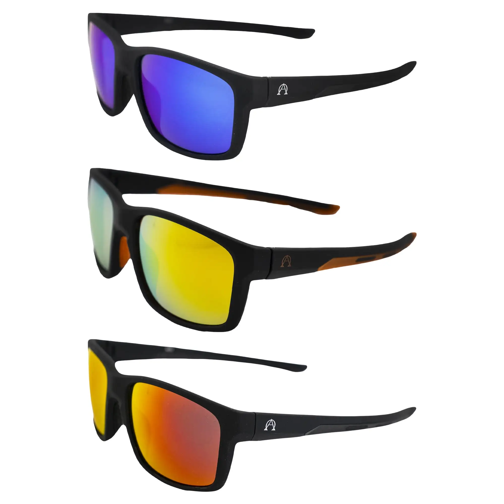 Alpha Omega 4 Wraparound Sports Motorcycle Sunglasses Riding Glasses Men or Women 3 Pair Black Frame w/Blue Orange & Red M...