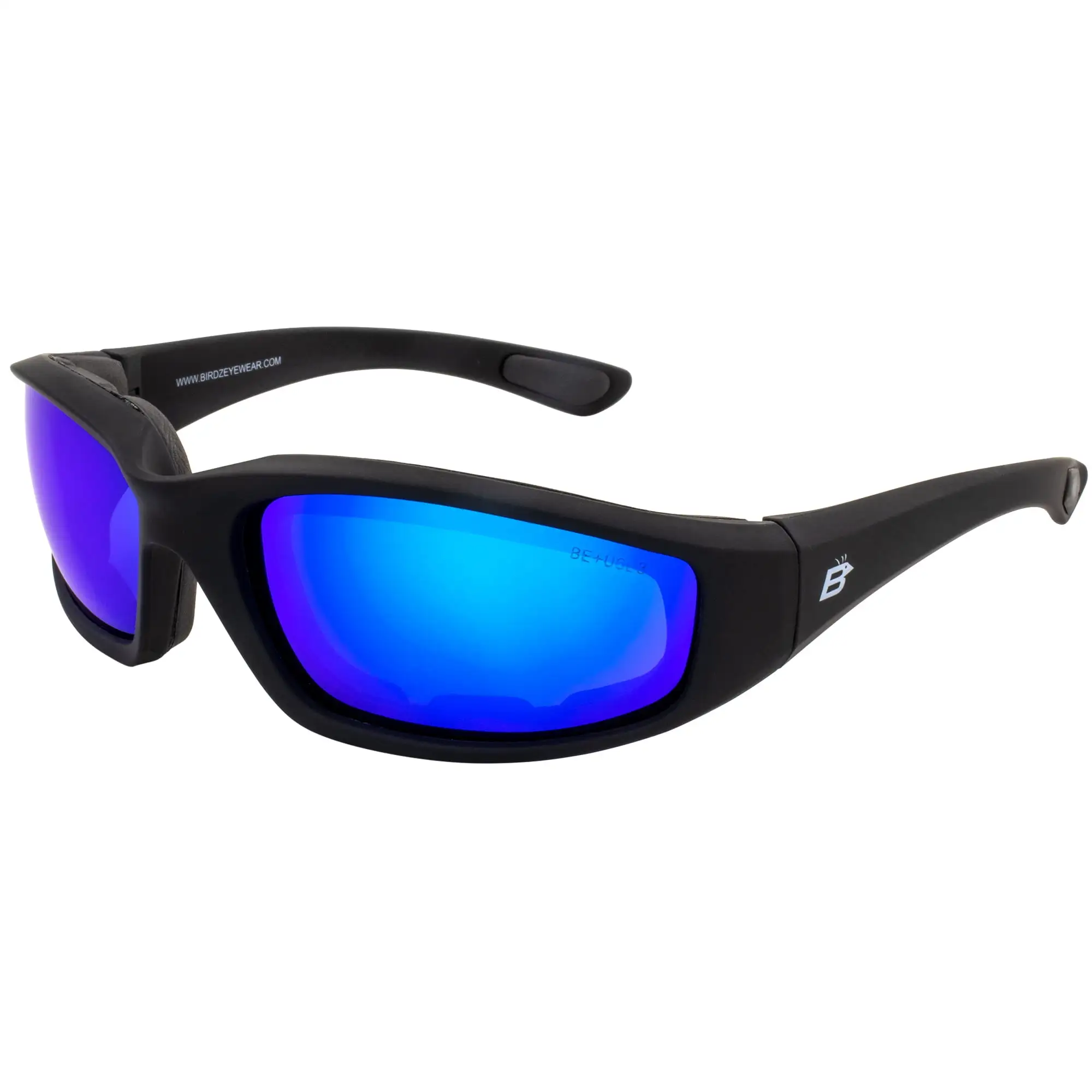 Birdz Oriole SS Padded Motorcycle Riding Sunglasses Men or Women Anti fog ANSI Z87.1+ Black Frame w/ Blue Mirror Lens