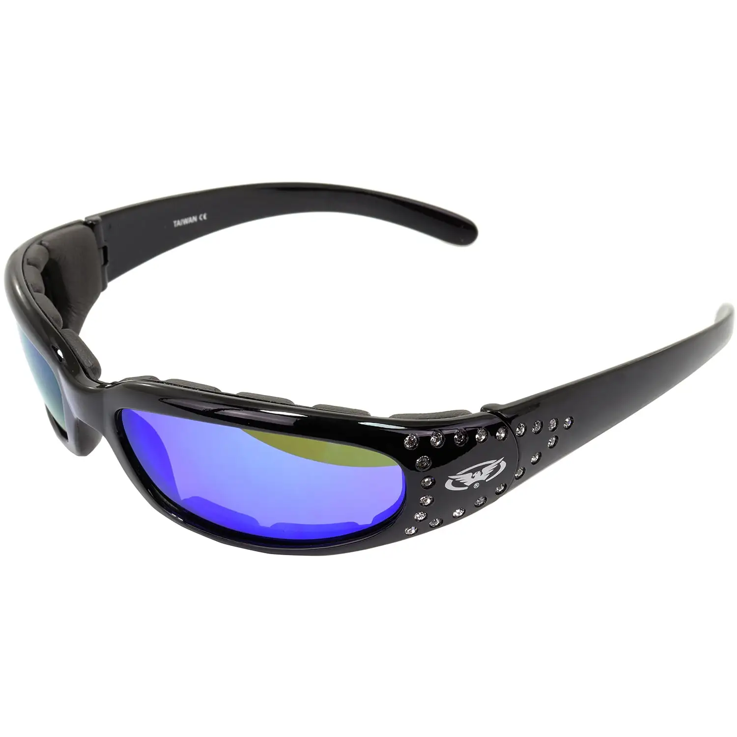 Global Vision Marilyn-3 Women's Ladies Padded Motorcycle Sunglasses Bling Black Studded Frames & G-Tech Blue Mirror Lenses