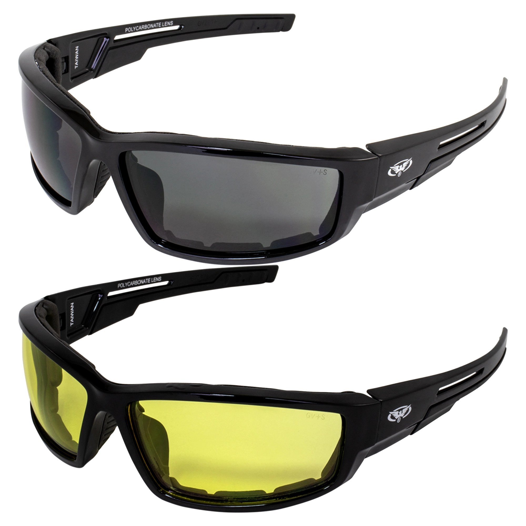 2 Pair Global Vision Sly Padded Motorcycle Sunglasses Gloss Black Frames 1 Smoke Lens and 1 Yellow Lens