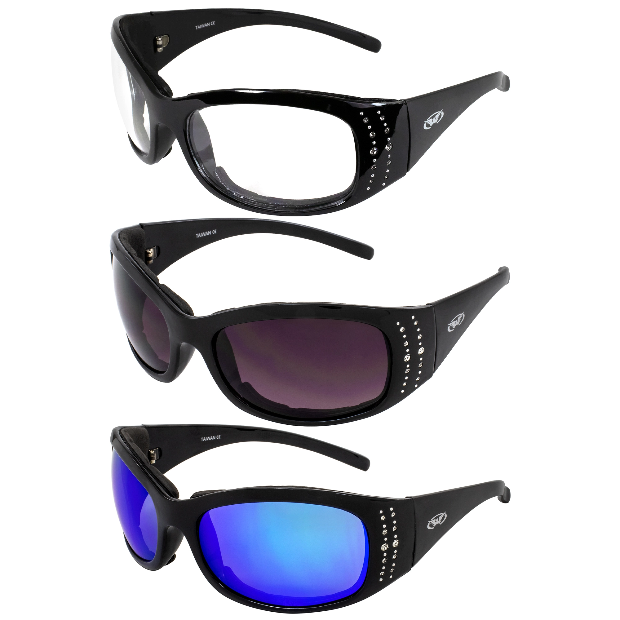 3 Pairs Global Vision Marilyn-2 Plus Women's Motorcycle Sunglasses Bling Black Padded Frames Clear Smoke & Blue Lenses