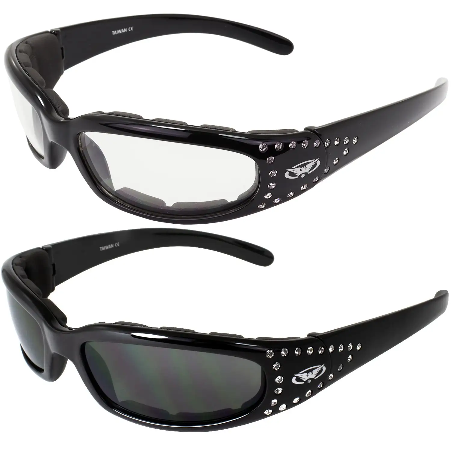 2 Pairs Global Vision Marilyn-3 Women's Ladies Padded Motorcycle Sunglasses Bling Black Studded Frames Clear & Smoke Lenses