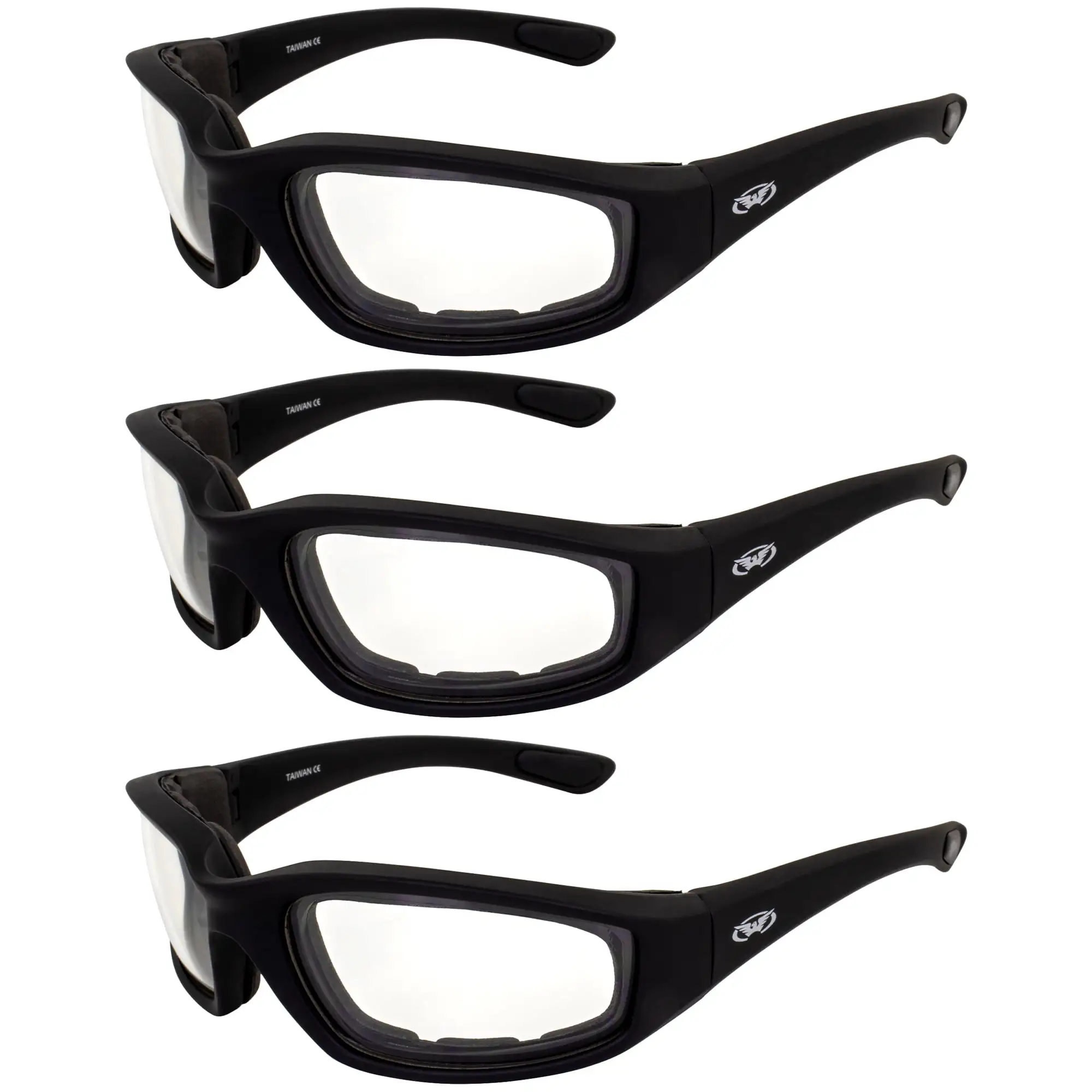 3 Pairs Kickback Black Foam Padded Motorcycle Riding Sunglasses Clear Lenses Global Vision