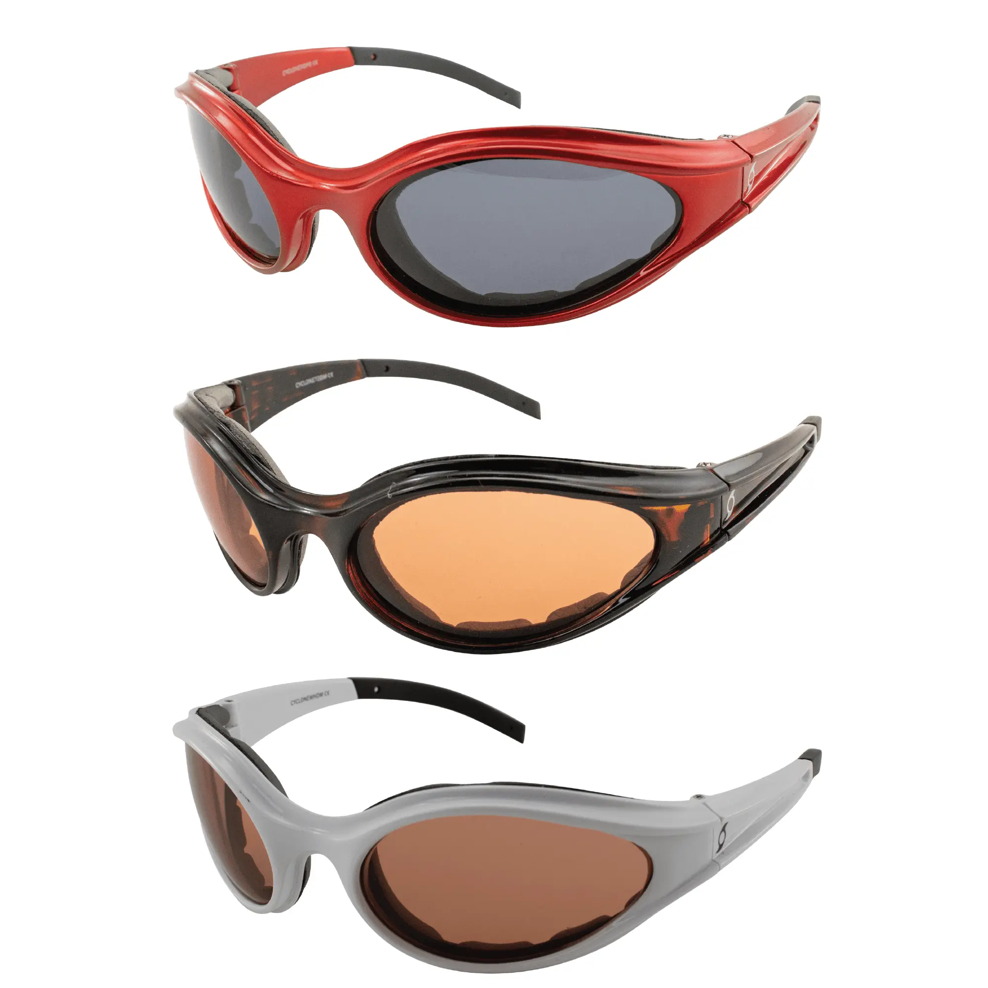 Hurricane Eyewear Cyclone Motorcycle Sunglasses Riding Glasses 3 Pairs Red Frame w/Smoke Lens &Tortoise & White Frames w/D...