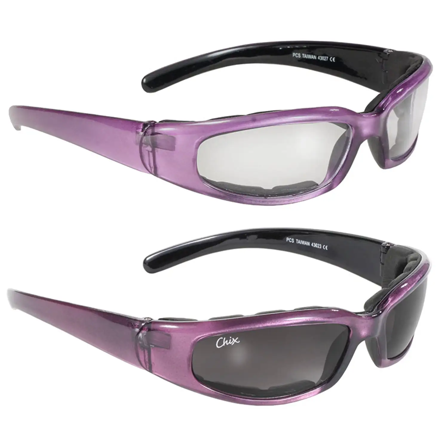 2 Pairs Chix Rally Women's Padded Motorcycle Sunglasses Purple Frames Clear & Grey Gradient Lenses Pacific Coast Sunglasses