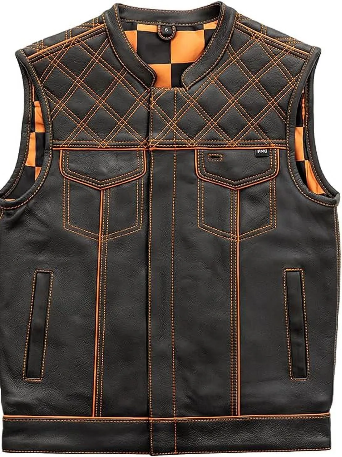First Mfg Co - Checker - Men's Motorcycle Biker Riding Black Leather Vest - 2X Large