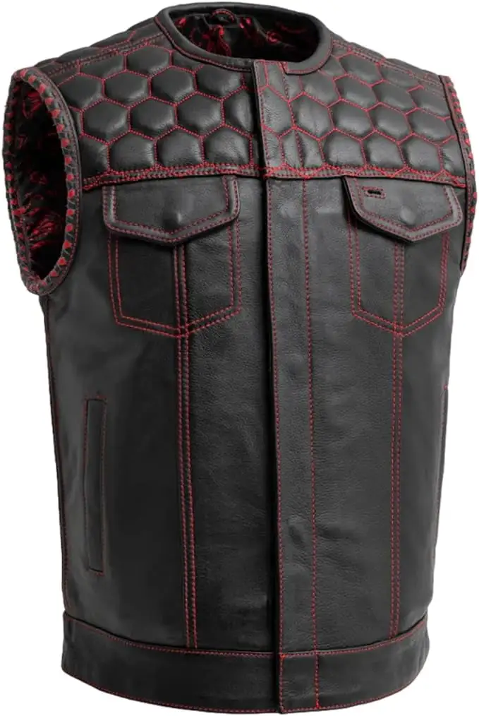 First Mfg Co - Hornet - Men's Motorcycle Biker Riding Black Red Leather Vest - Small