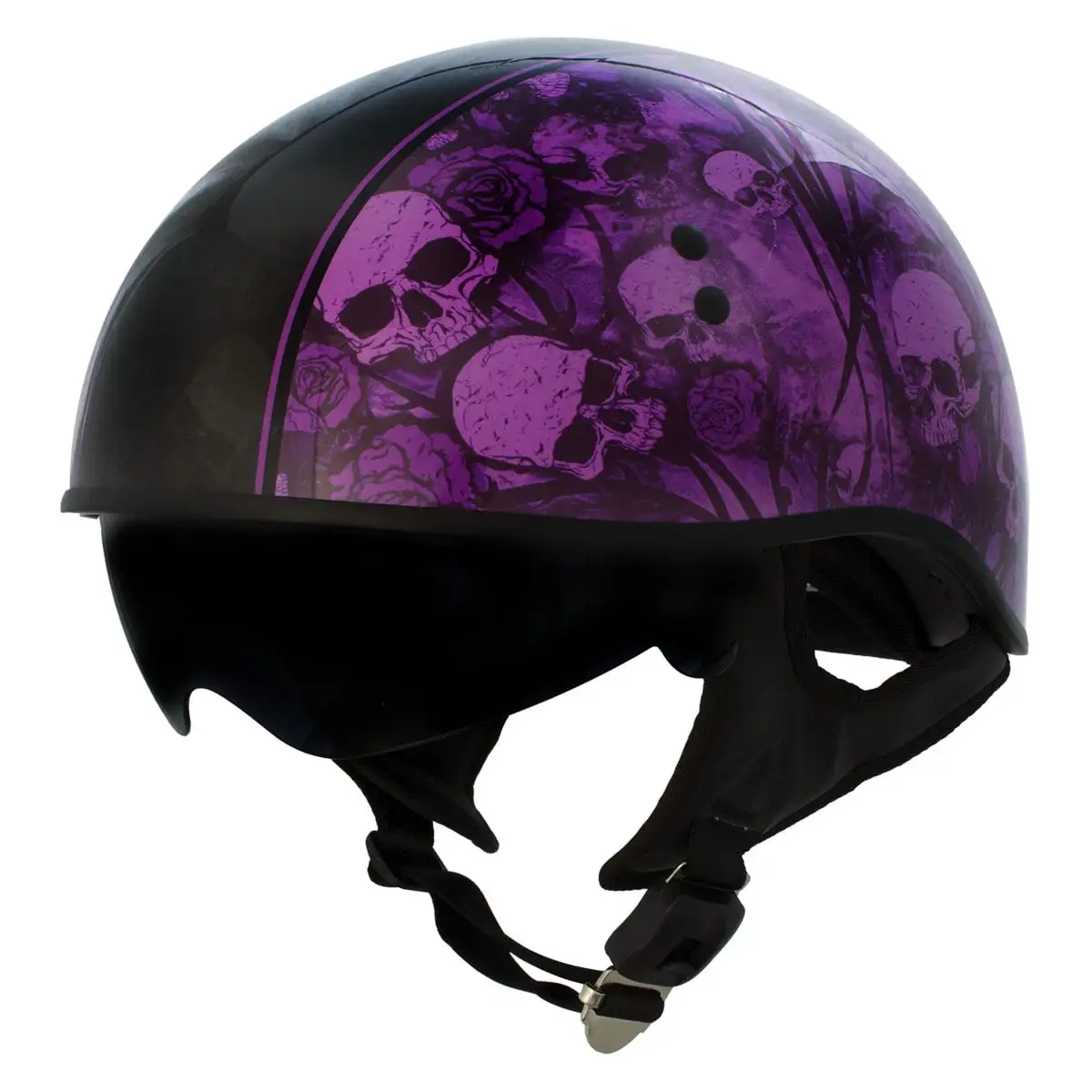 Hot Leathers HLD1039 Gloss Black Purple Skull Bouquet Advanced DOT Unisex Half Helmet Drop Down Tinted Visor Medium Xs