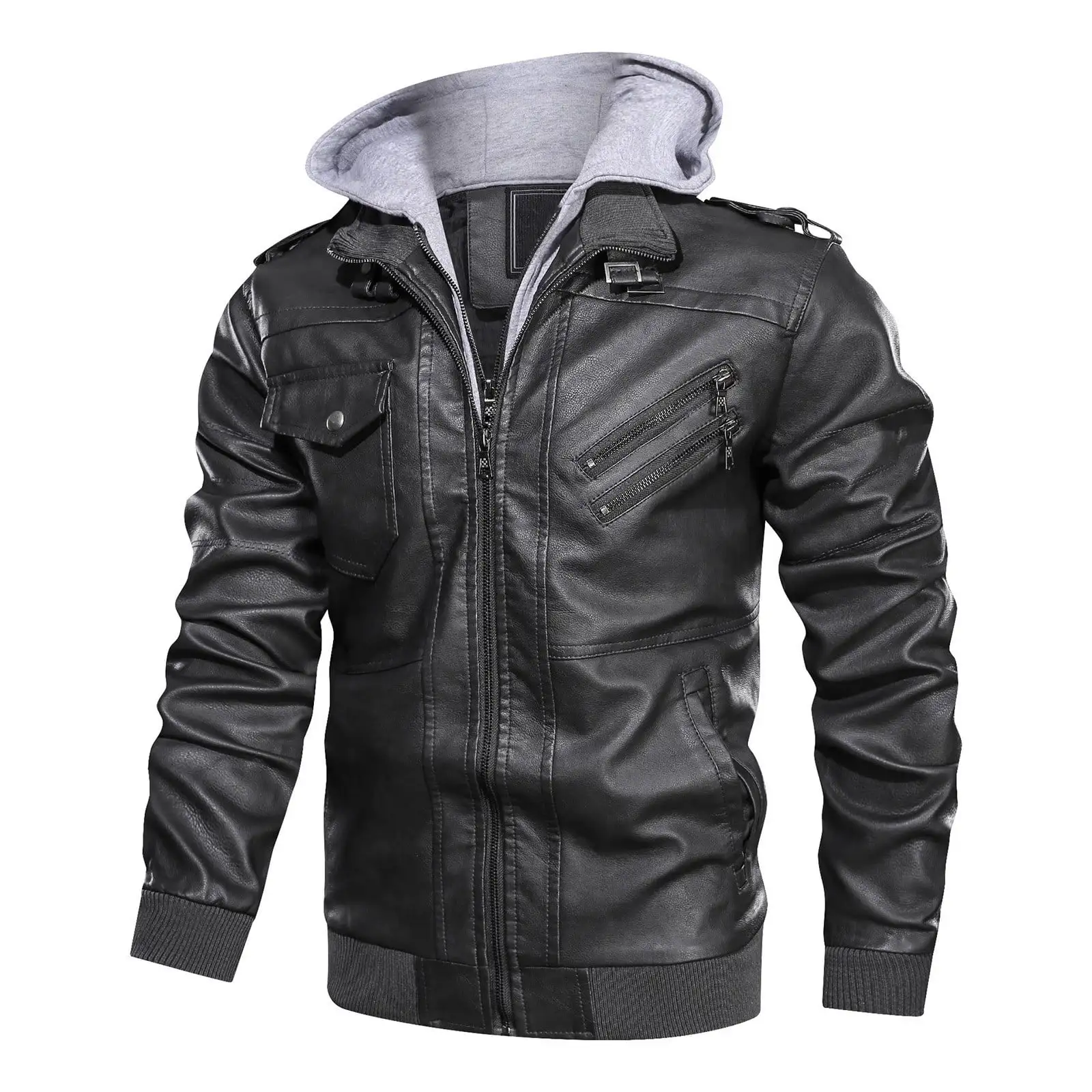 Sokhug Men's Winter Long-sleeved Motorcycle Jacket Zipper Warm Fashion Leather Coat