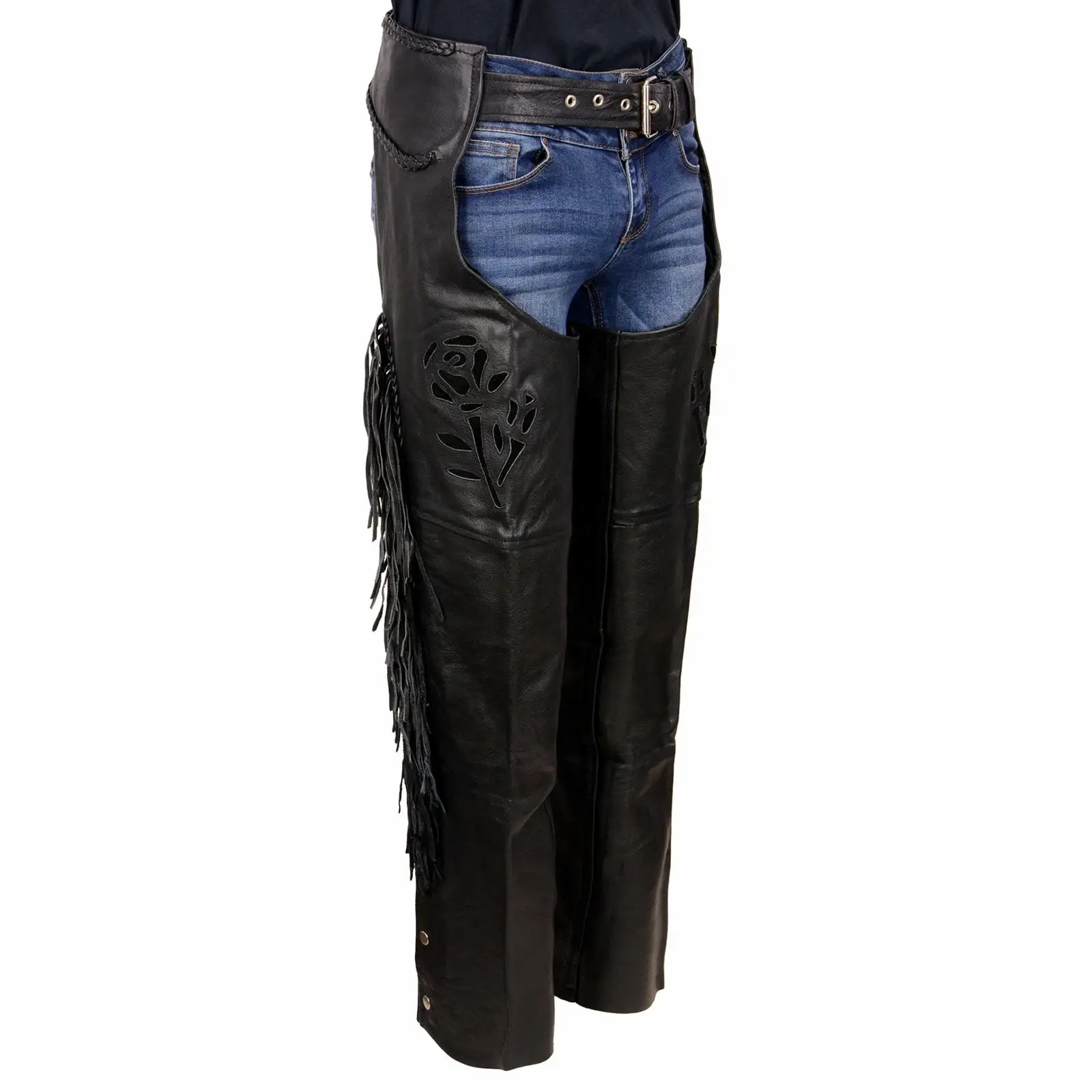 Milwaukee Leather SH1116 Women's Classic Braided & Fringed Black Leather Motorcycle Chaps w/ Black Rose Embroidery 2X-Small