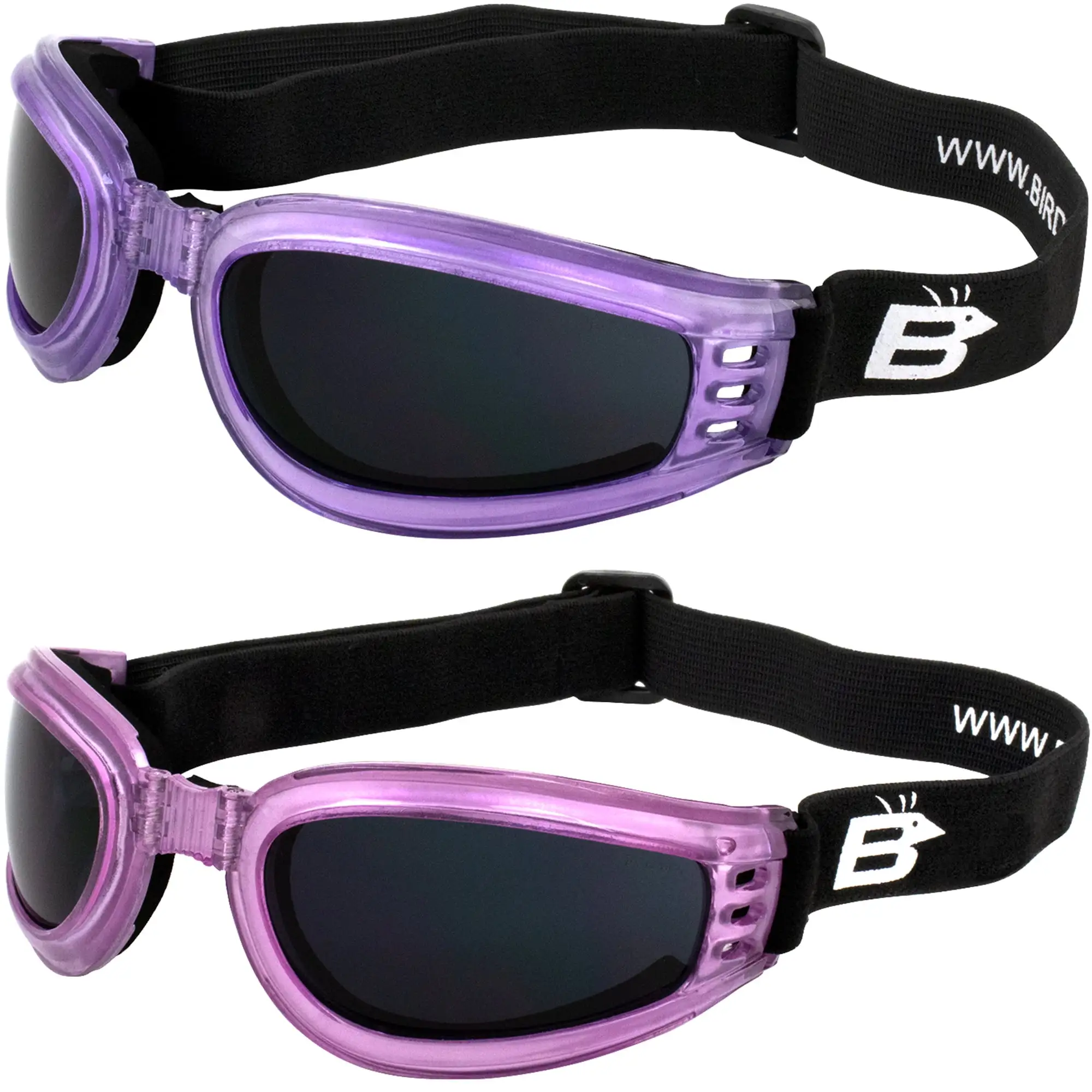 2 Pairs Birdz Eyewear Cardinal Women's Padded Floating Motorcycle Goggles Pink Frame & Purple Frame Super Dark Lenses
